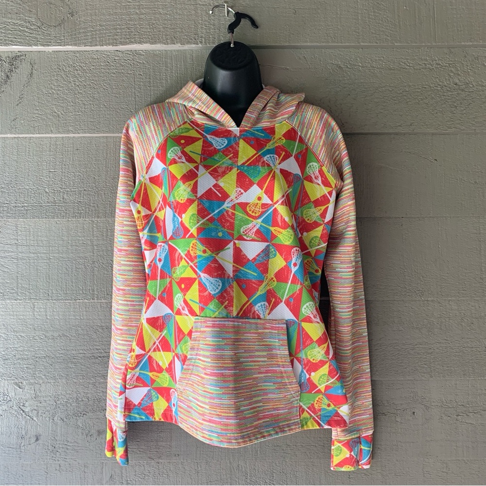 Women’s Colorful Sporty Neon Lacrosse Print Hoodie by Sportbella Sz M
